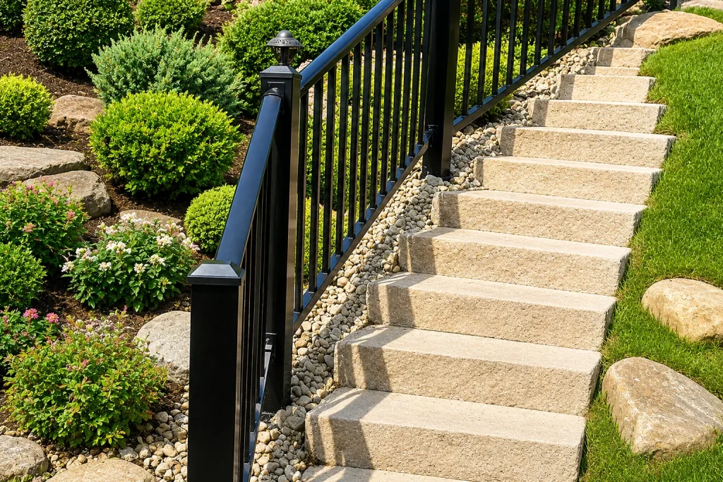 Black staircase railing with flowers and rocks