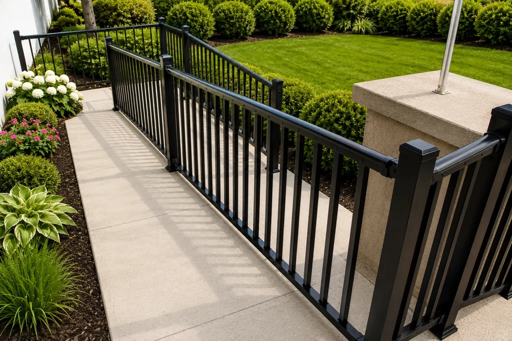 Durable, black hand railing in commercial area