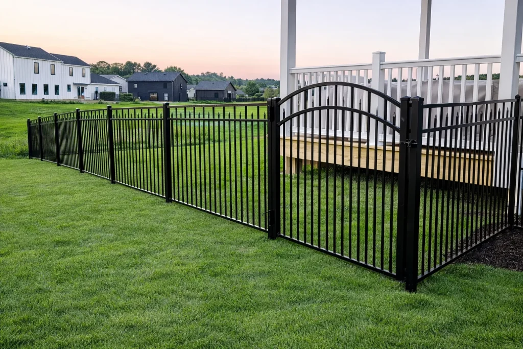 Arched ornamental gate with aluminum fence in backyard